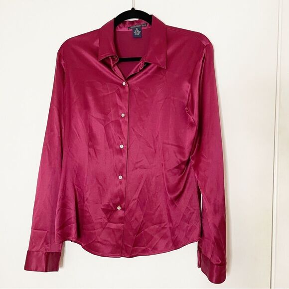 Harold’s Silk long sleeve collar button down shiny blouse top M womens burgundy - Picture 1 of 8